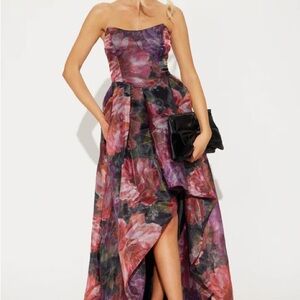 Strapless Floral High-Low Evening Dress - Pink/Purple
